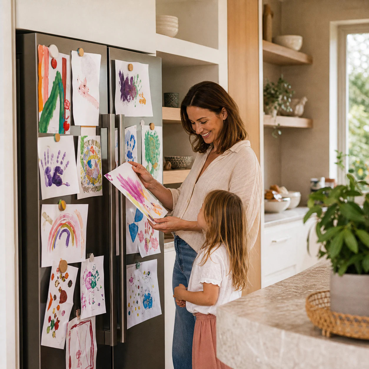 A mother and daughter choosing children's artwork from a full family fridge