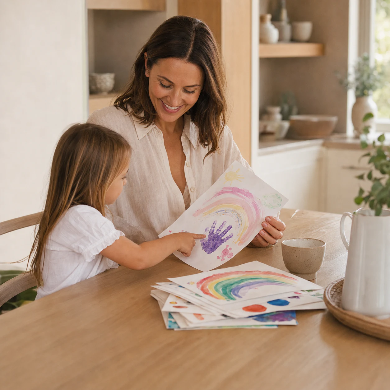 A mother and daughter holding a treasured handprint painting