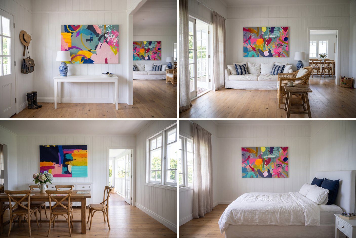 Four rooms of one Hamptons home, each with its own canvas: entry, living room, dining room and main bedroom