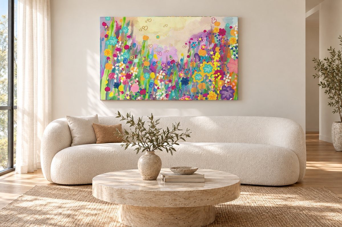 One large stretched canvas of a child's wildflower painting above a boucle sofa in a sunlit living room