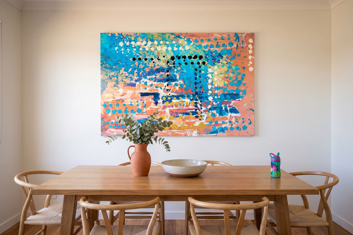 Coastal home, dining, with a child's design on stretched canvas