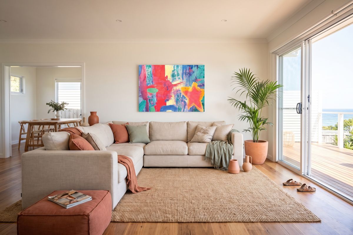 Coastal home, living, with a child's design on stretched canvas