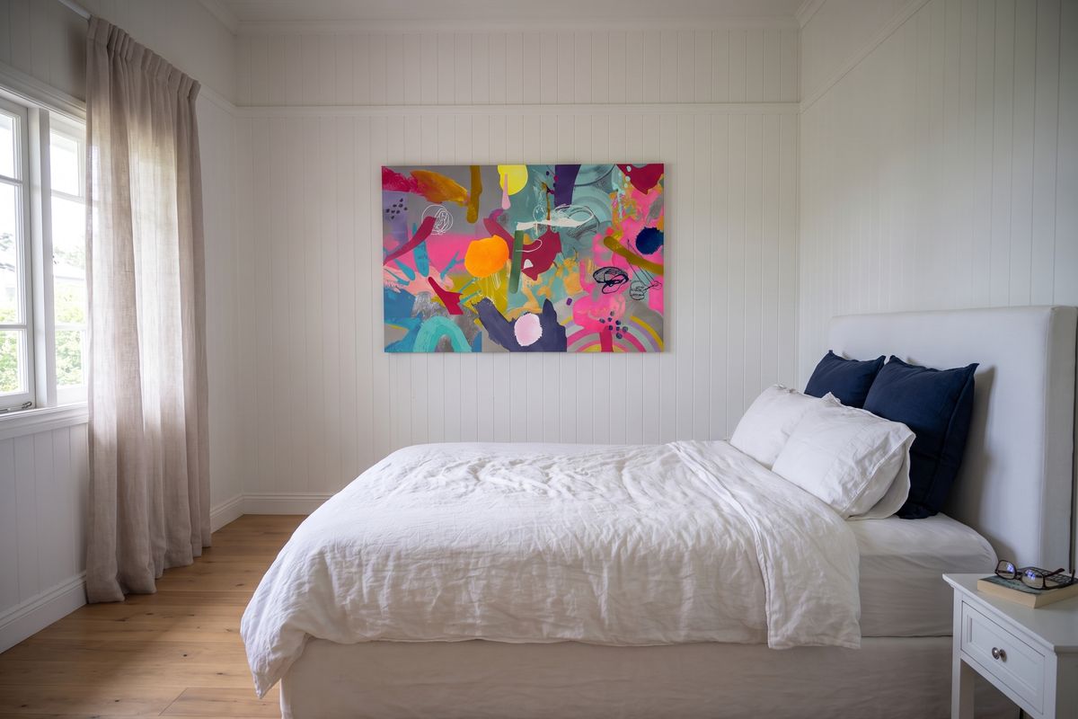 Hamptons home, main bedroom, with a child's design on stretched canvas