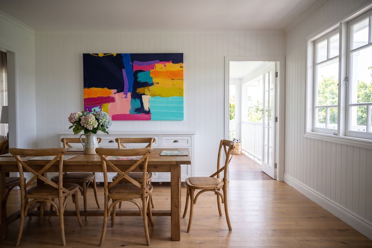Hamptons home, dining, with a child's design on stretched canvas