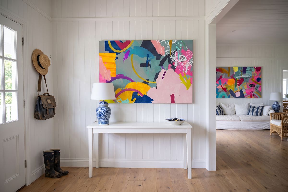 Hamptons home, entry, with a child's design on stretched canvas