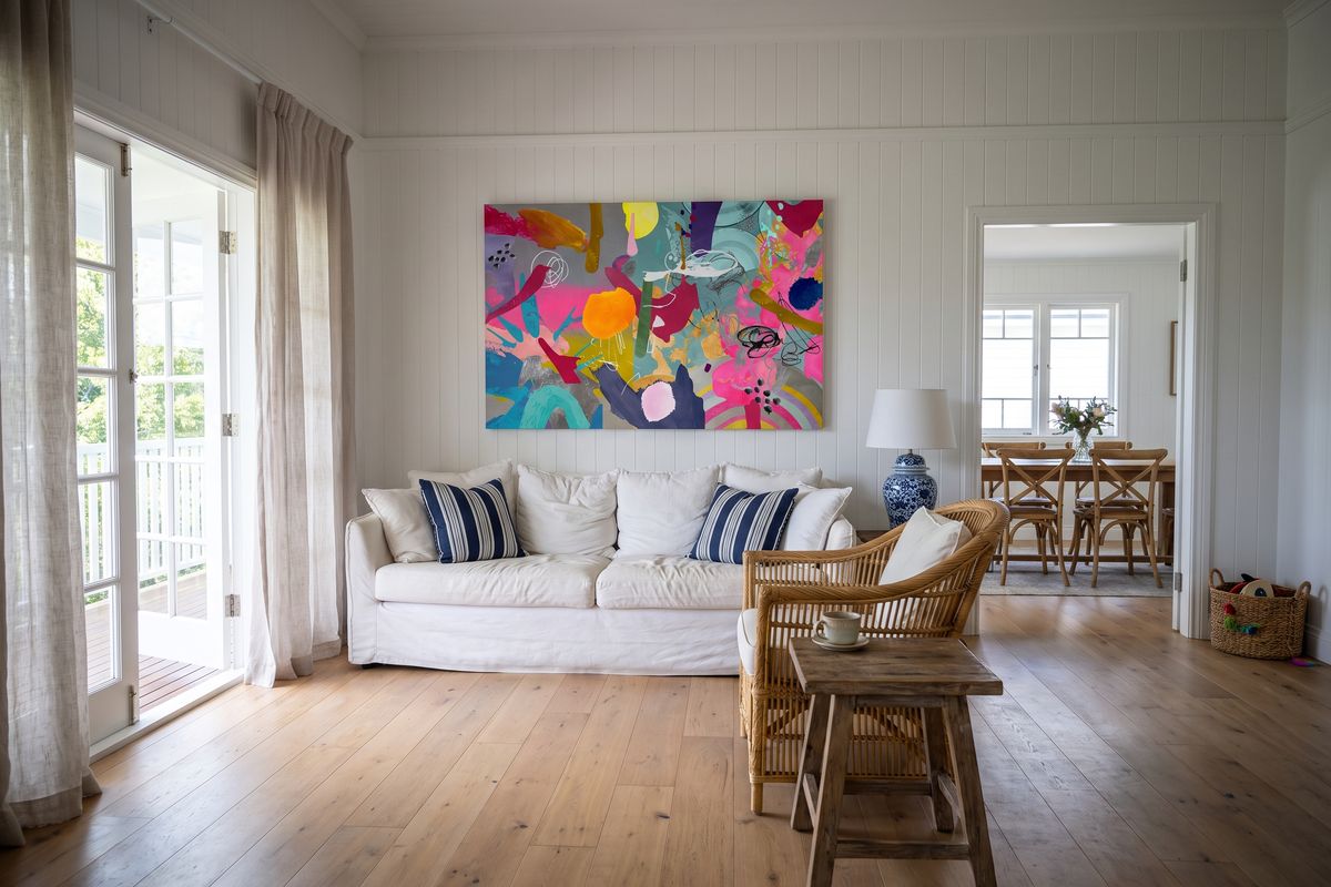 Hamptons home, living, with a child's design on stretched canvas
