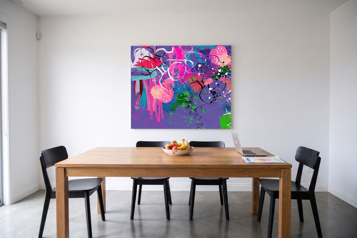 Minimal home, dining, with a child's design on stretched canvas