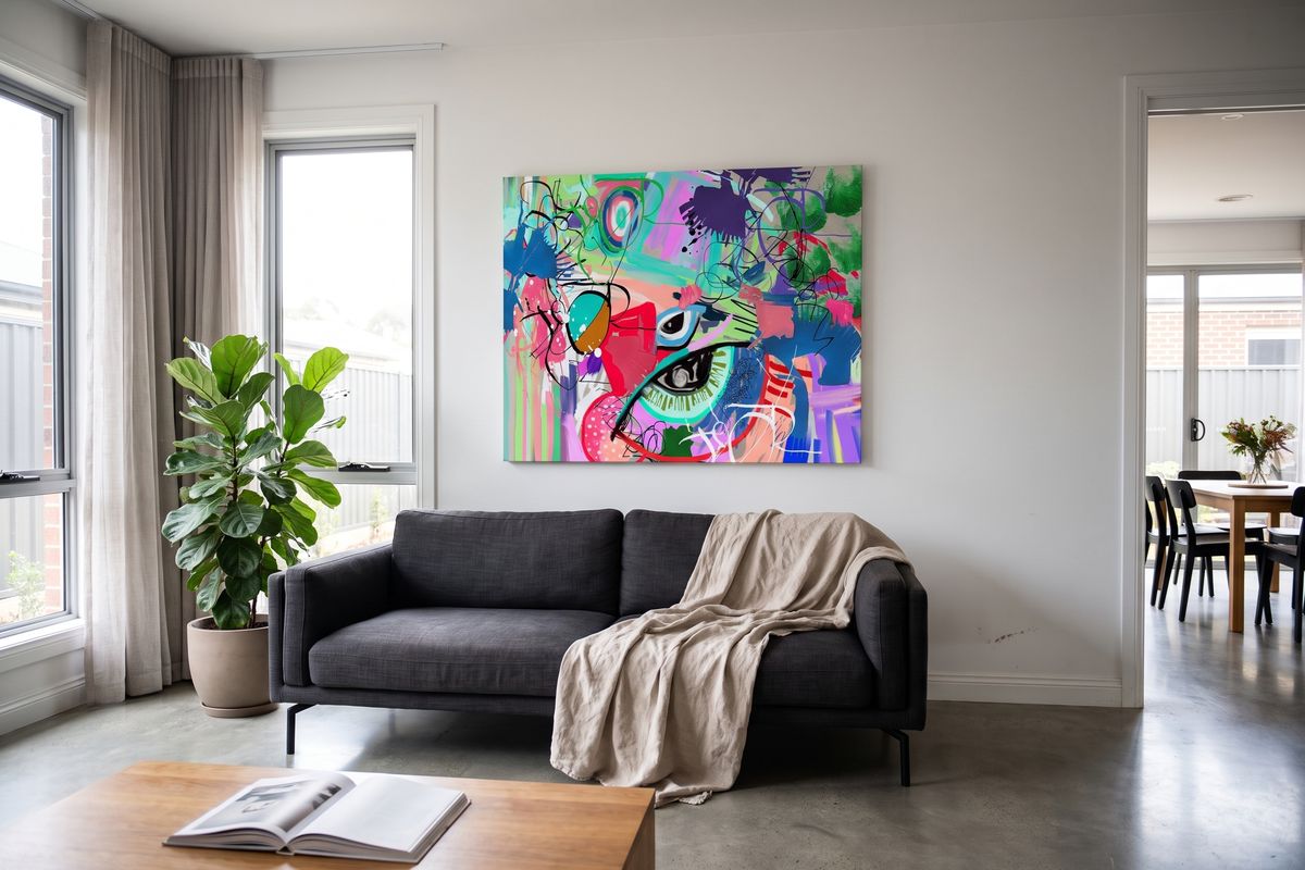 Minimal home, living, with a child's design on stretched canvas