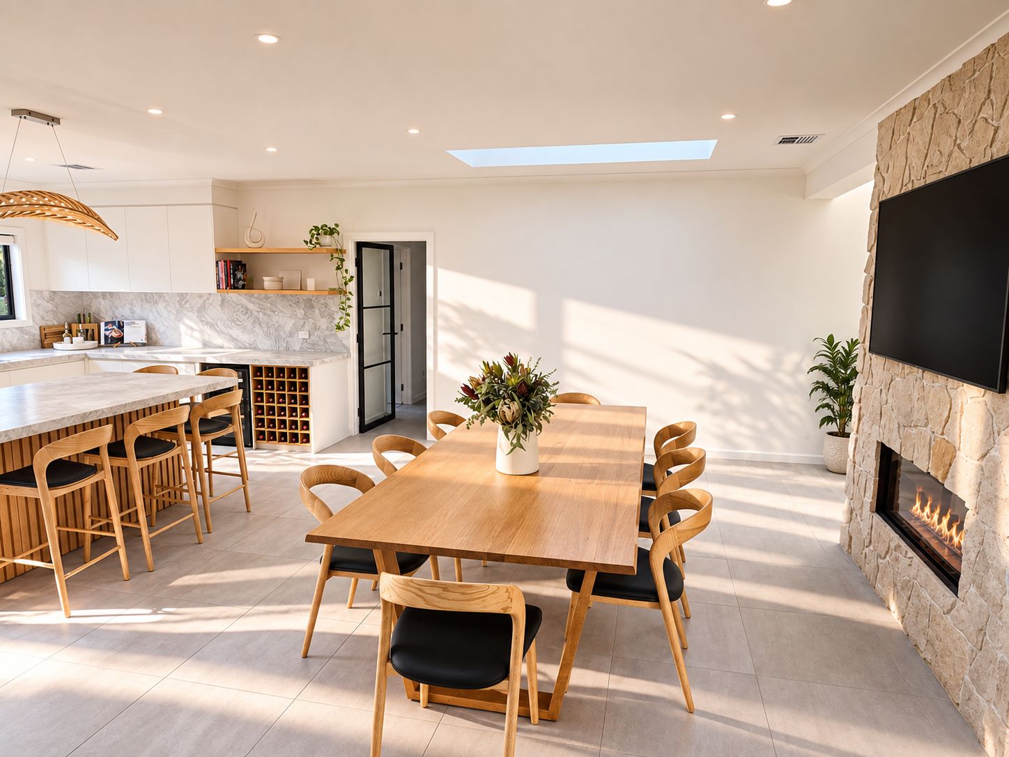 A newly renovated dining room with bare walls